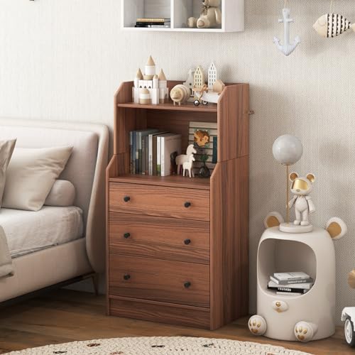 3 Drawers Dresser with Shelves, Tall Nightstand with 2 Open Shelves, Chest of Drawers (Walnut) S443663