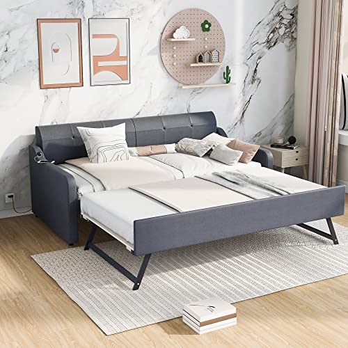 Twin Size Upholstered Wood Day Bed with Pop up Trundle (Grey) V526
