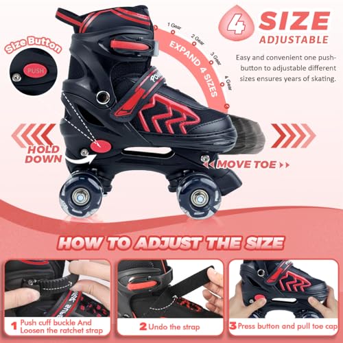 Adjustable Quad Roller Skates with Light Up Wheels, Black & Red P4303