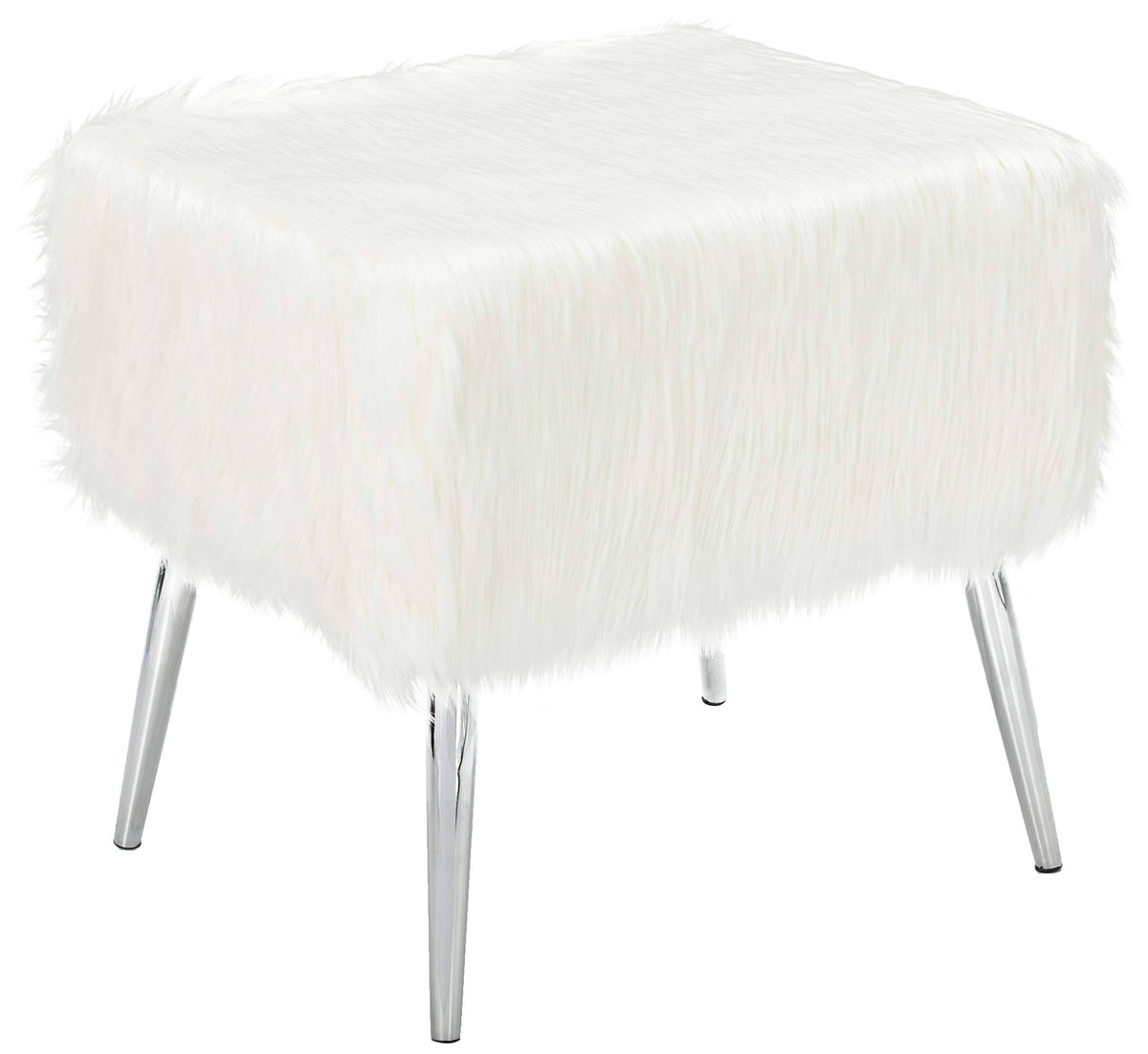 White Faux Fur Ottoman with Chrome Legs B5517
