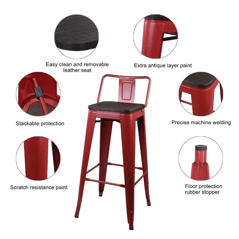 Red 30 inch Low Back Metal Barstools with Wood Seat, Set of 6 X538235