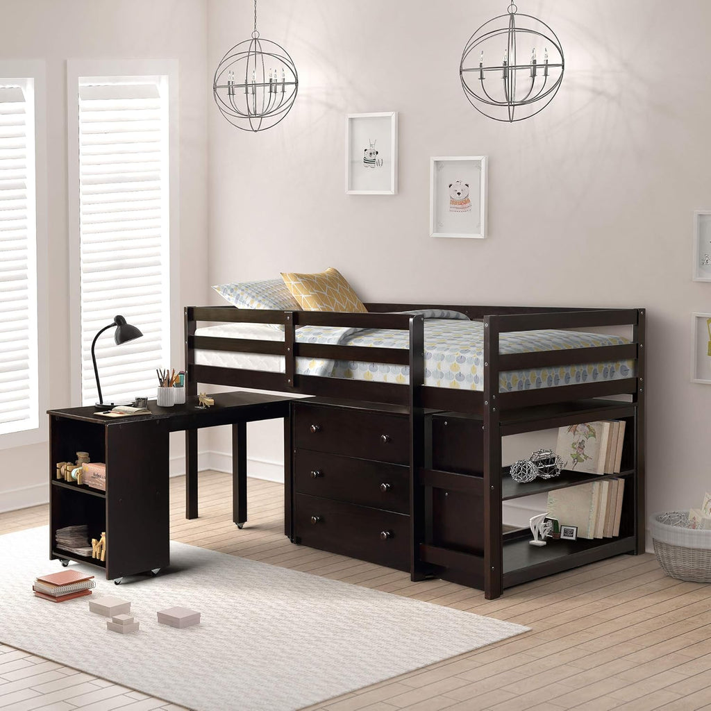 Espresso Pine Wood Twin Loft Bed with Desk T76845