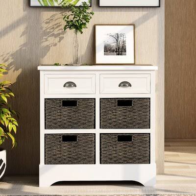White Storage Cabinet with Two Drawers and Four Rattan Basket E274636