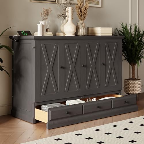Queen Size Solid Pine Murphy Bed with Charging Station and Storage Drawer L32517