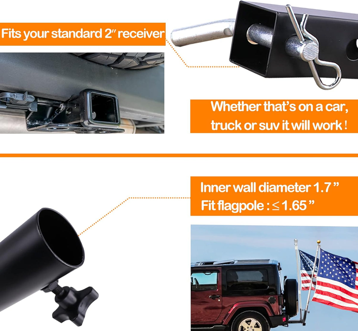 Trailer Hitch Mount Flag Pole Holder with Bolts X264
