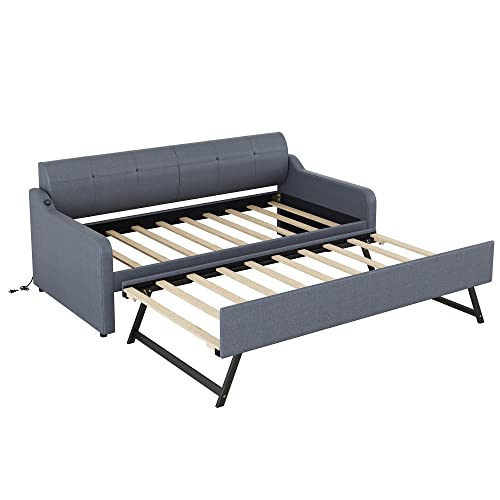 Twin Size Upholstered Wood Day Bed with Pop up Trundle (Grey) V526