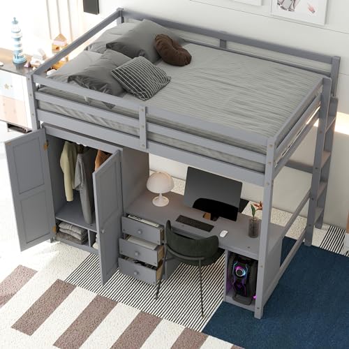 Gray Solid Pine Wood Loft Bed with Wardrobe Desk Storage Drawers A226