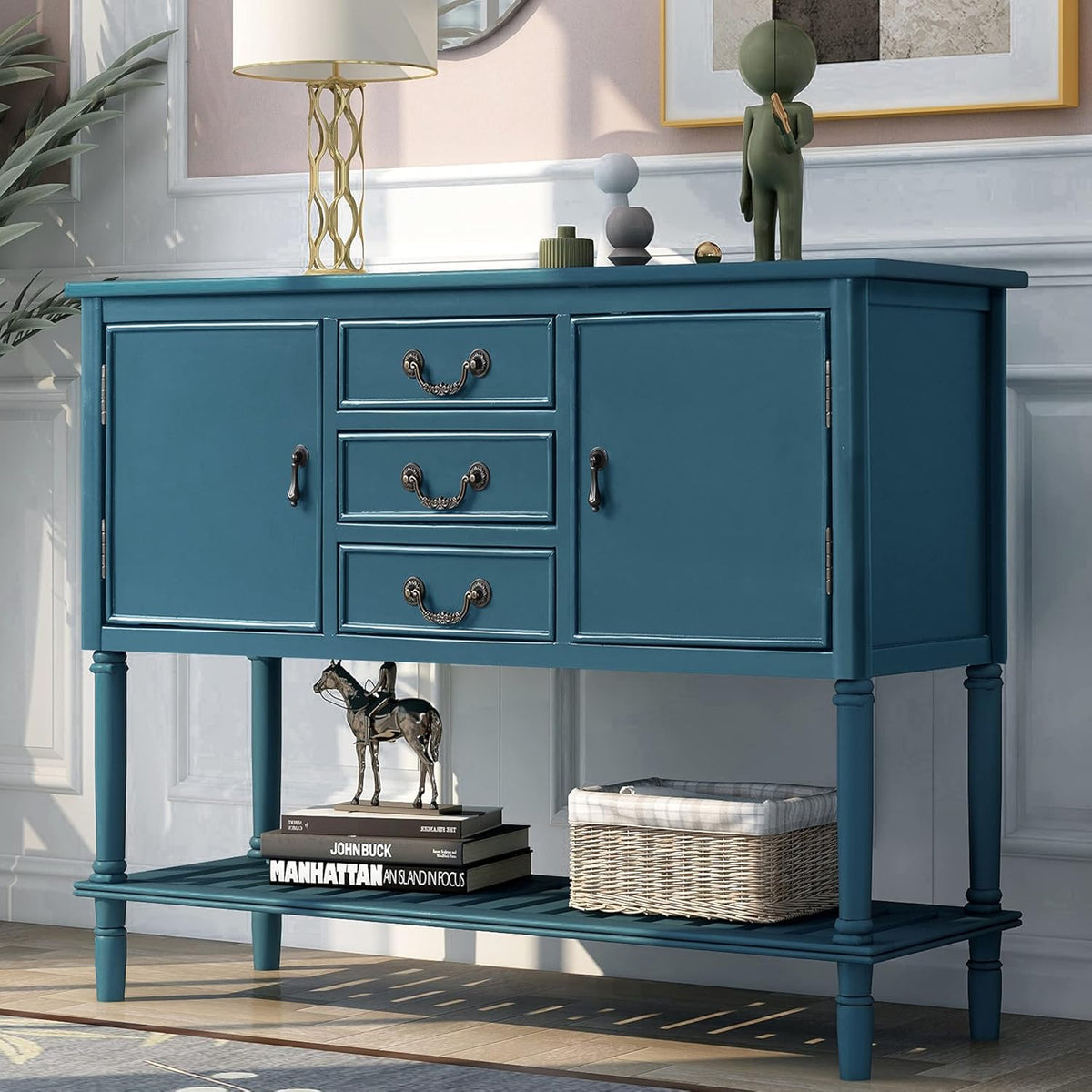 Navy Blue Wood Console Sofa Table with Drawers and Open Shelf B653072