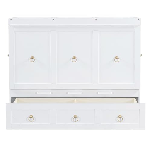 Queen Size Murphy Bed with USB Charging Station and Drawer, White F179