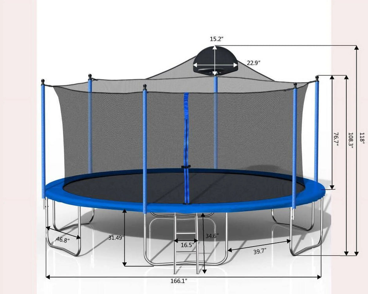 14 FT Trampoline with Safety Enclosure Net, Basketball Hoop and Ladder Y56373