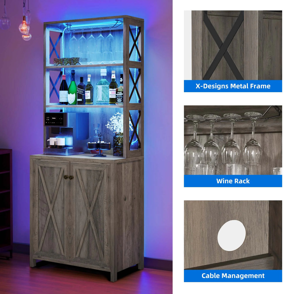 67" Washed Gray Bar Cabinet with Doors and Shelves I4764