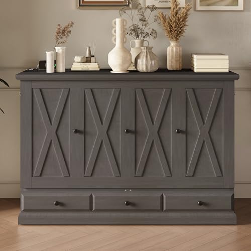 Queen Size Solid Pine Murphy Bed with Charging Station and Storage Drawer L32517