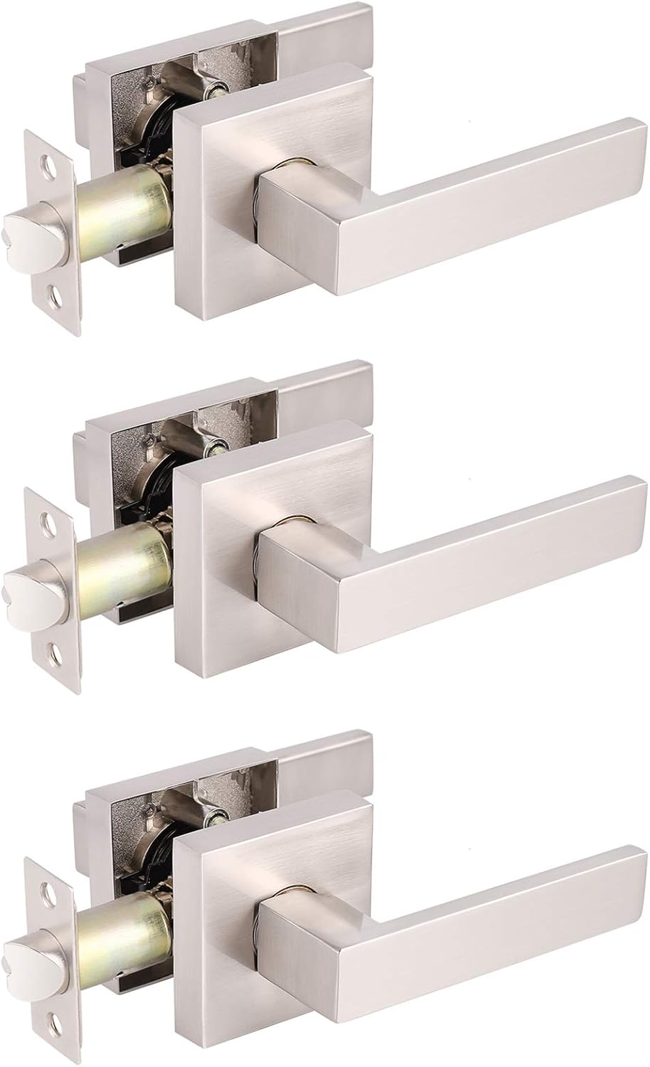 Pack of 6 Satin Nickel Square Door Handles Levers with Privacy Locks P620