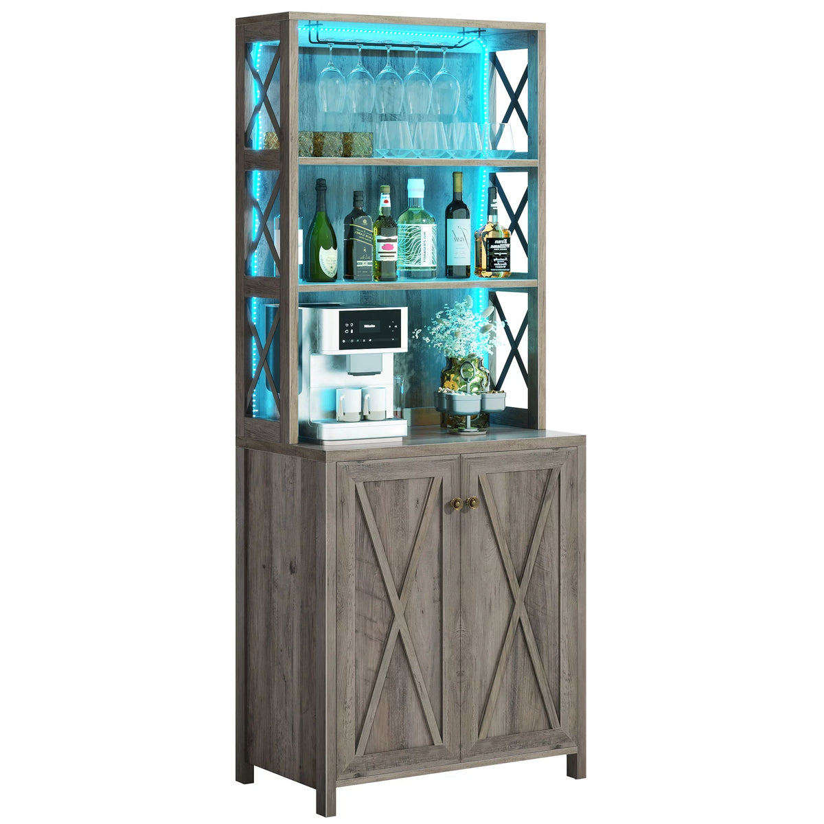 67" Washed Gray Bar Cabinet with Doors and Shelves I4764