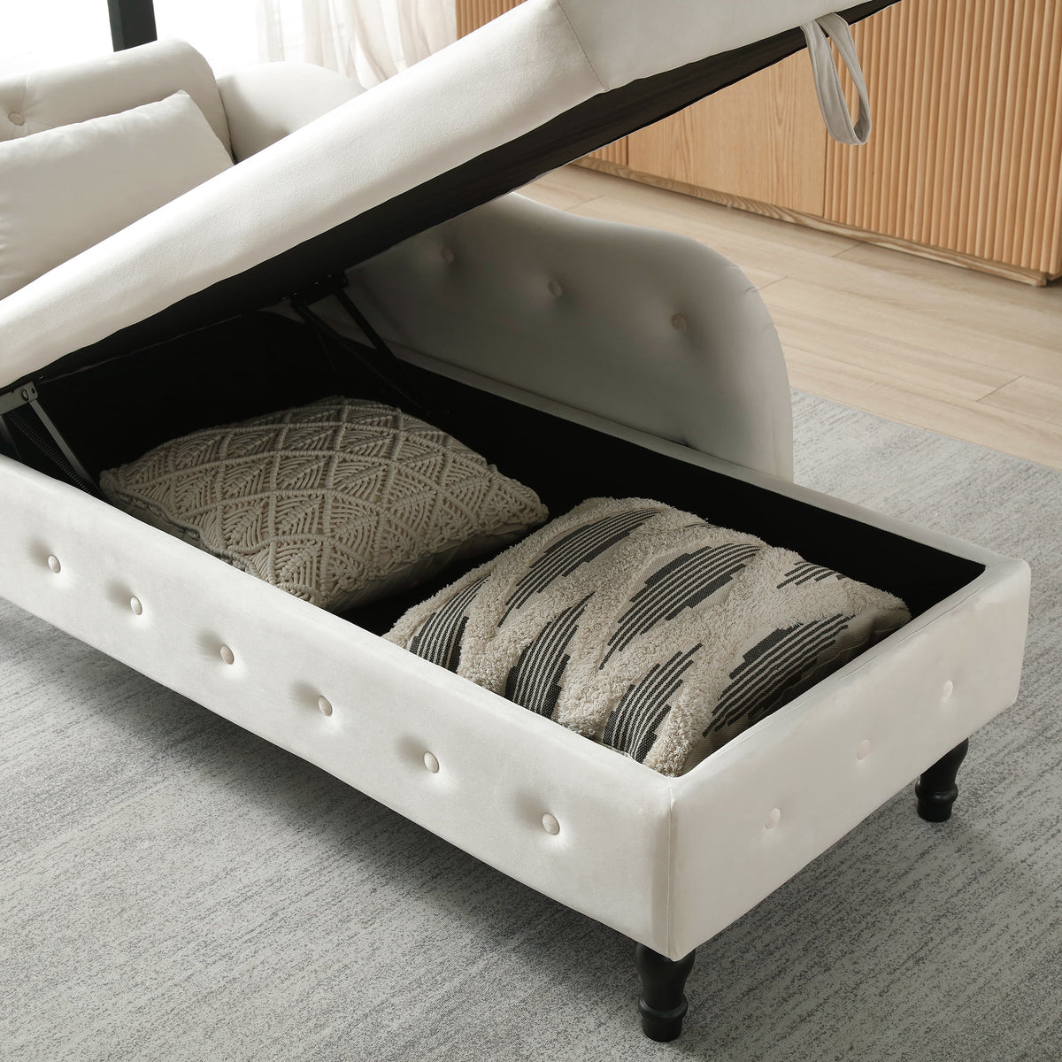 Beige Velvet Storage Chaise Lounge with 1 Pillow F18691
