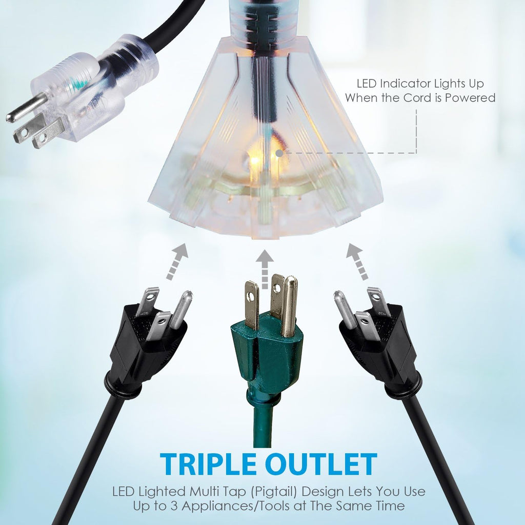 100 FT 14/3 Outdoor Extension Cord, Black Rubber Triple Outlet E9879