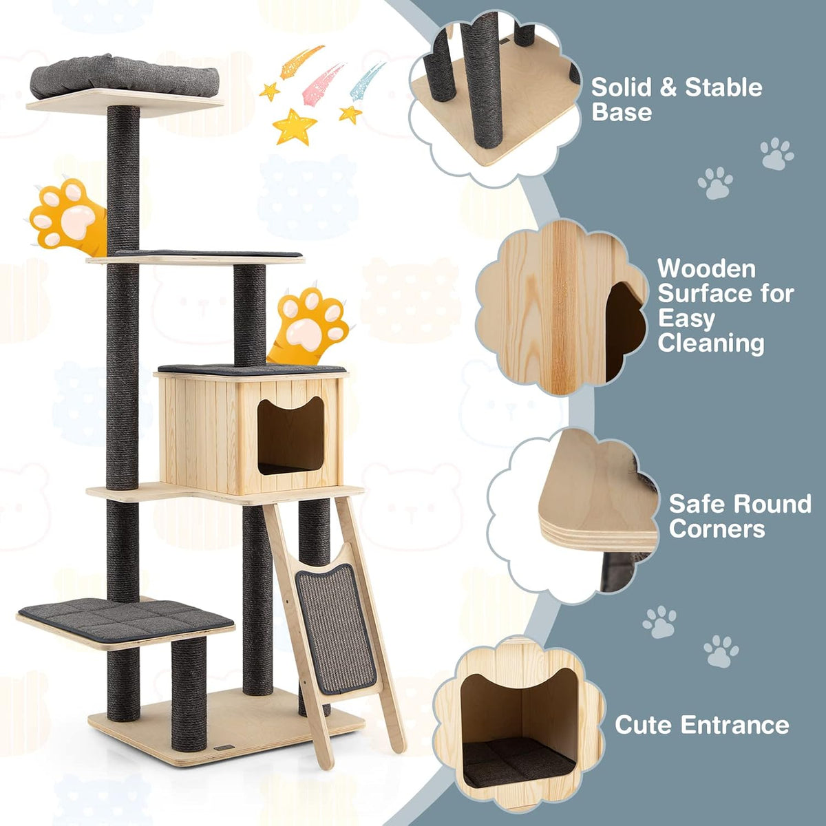 Grey Wooden Cat Tree with Sisal Posts & Scratch Board W33331