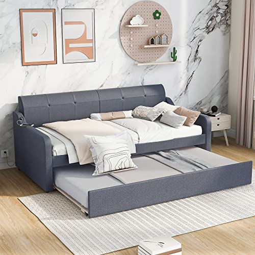 Twin Size Upholstered Wood Day Bed with Pop up Trundle (Grey) V526