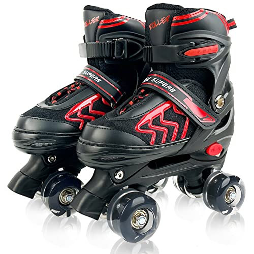 Adjustable Quad Roller Skates with Light Up Wheels, Black & Red P4303