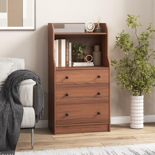 3 Drawers Dresser with Shelves, Tall Nightstand with 2 Open Shelves, Chest of Drawers (Walnut) S443663