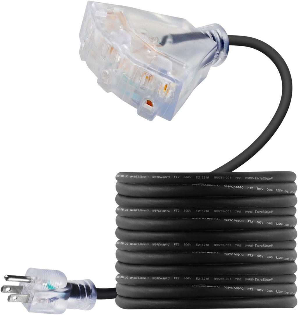 100 FT 14/3 Outdoor Extension Cord, Black Rubber Triple Outlet E9879