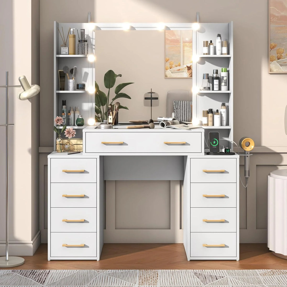 White Vanity Desk with Mirror & LED Lights, Glass Top, 9 Drawers Q58962