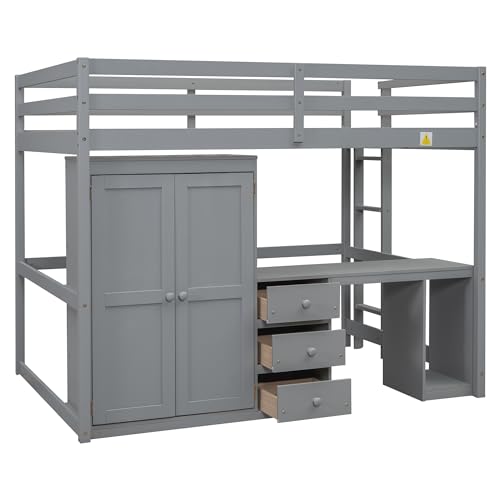 Gray Solid Pine Wood Loft Bed with Wardrobe Desk Storage Drawers A226