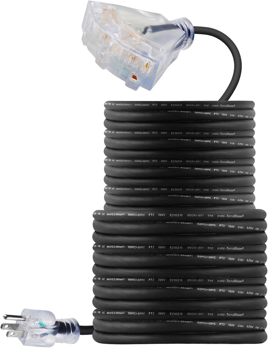 100 FT 14/3 Outdoor Extension Cord, Black Rubber Triple Outlet E9879