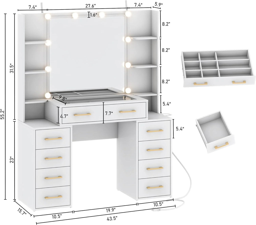 White Vanity Desk with Mirror & LED Lights, Glass Top, 9 Drawers Q58962