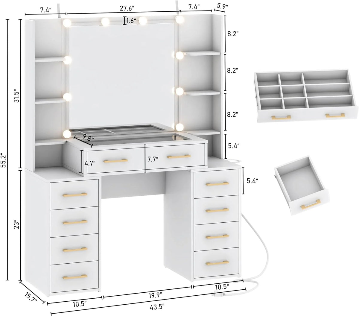 White Vanity Desk with Mirror & LED Lights, Glass Top, 9 Drawers Q58962