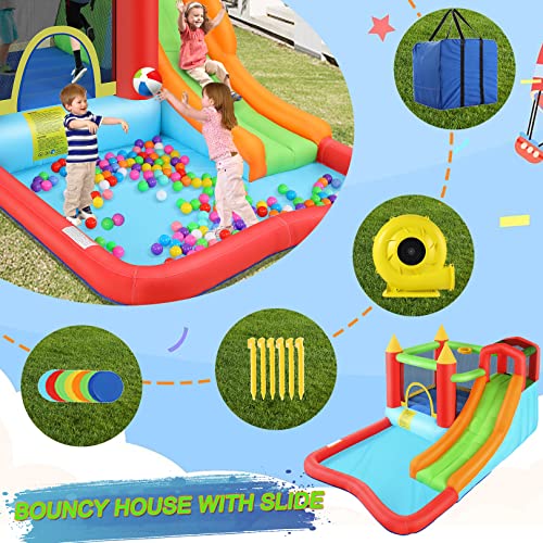 Inflatable Bouncy House with Ball Pit, Wide Slide, Ball Pool, Basketball Hoop, Dart Target, Blower M697432
