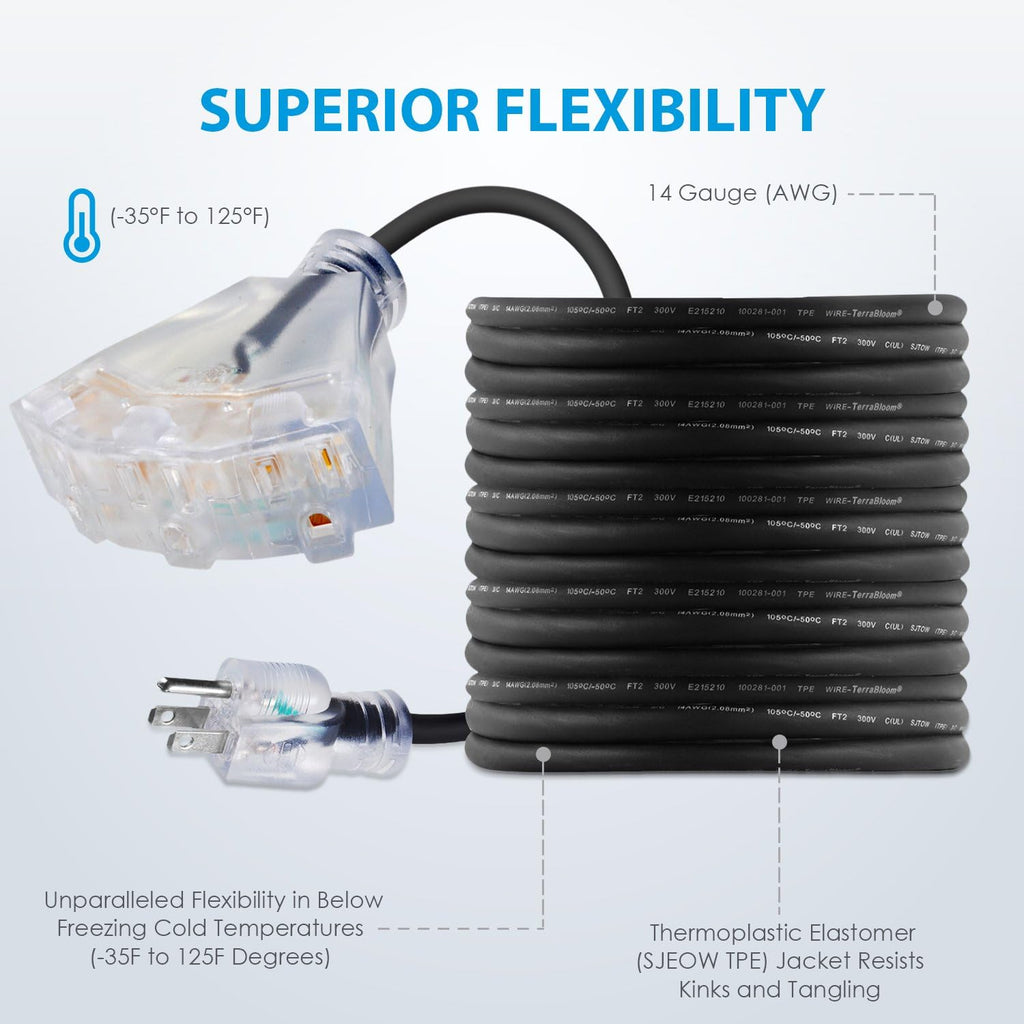 100 FT 14/3 Outdoor Extension Cord, Black Rubber Triple Outlet E9879