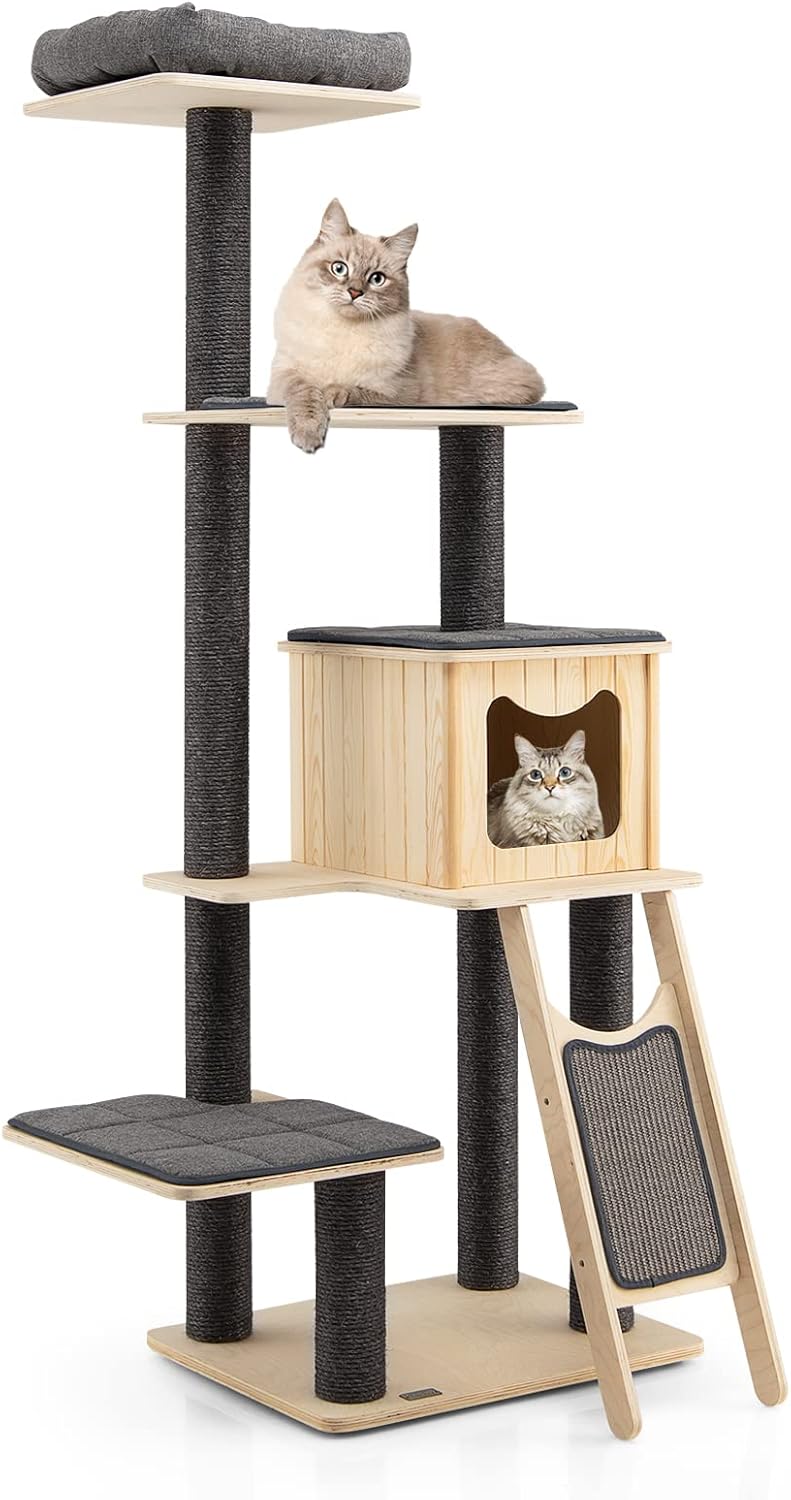 Grey Wooden Cat Tree with Sisal Posts & Scratch Board W33331