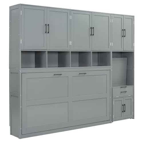 White Twin Size Wooden Murphy Bed with Closet Drawers Desk W18052