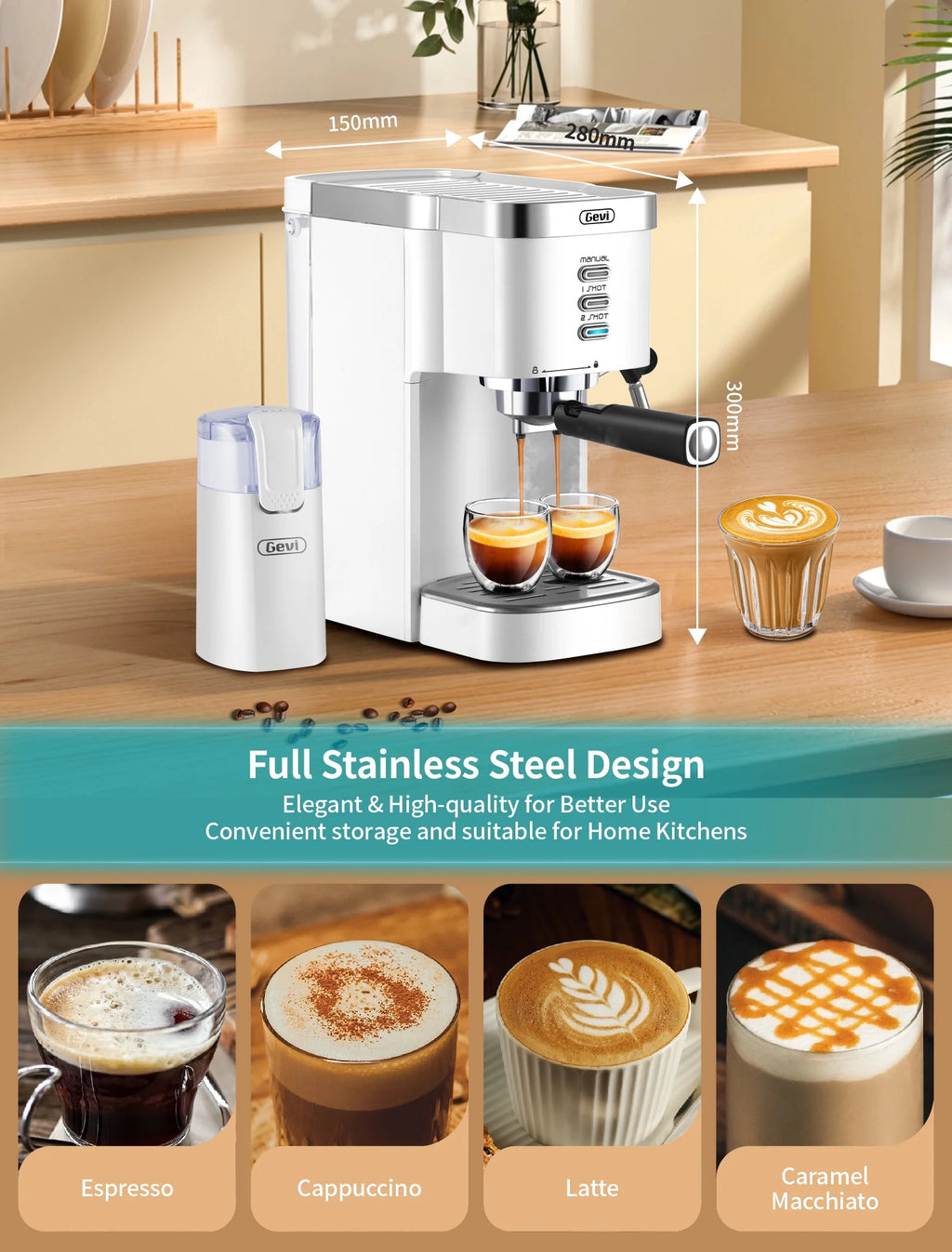 White 20 Bar Automatic Espresso Coffee Maker with Milk Frother Wand Z1184