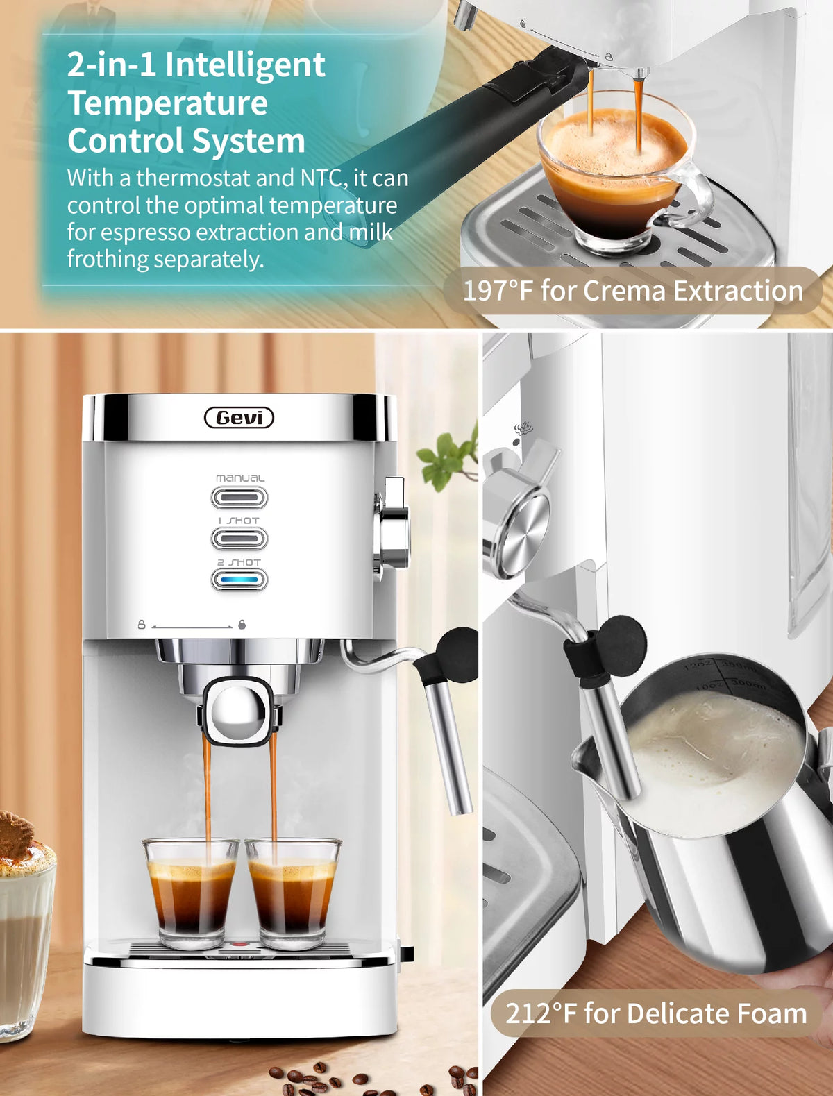White 20 Bar Automatic Espresso Coffee Maker with Milk Frother Wand Z1184