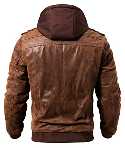 Brown Leather Motorcycle Jacket with Removable Hood B28524