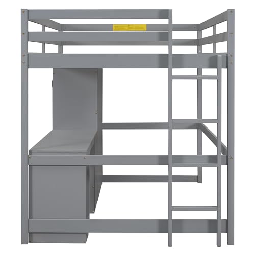 Gray Solid Pine Wood Loft Bed with Wardrobe Desk Storage Drawers A226