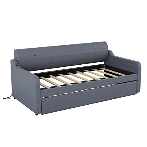 Twin Size Upholstered Wood Day Bed with Pop up Trundle (Grey) V526