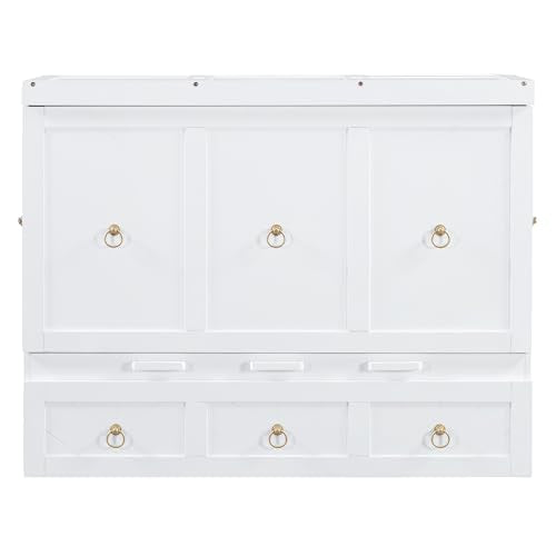Queen Size Murphy Bed with USB Charging Station and Drawer, White F179
