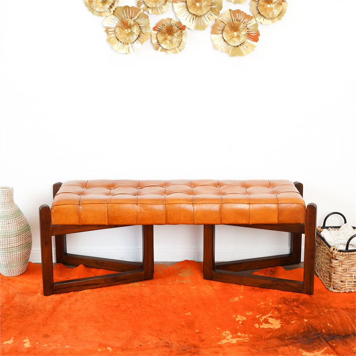 Tan Upholstered Leather Bench R588