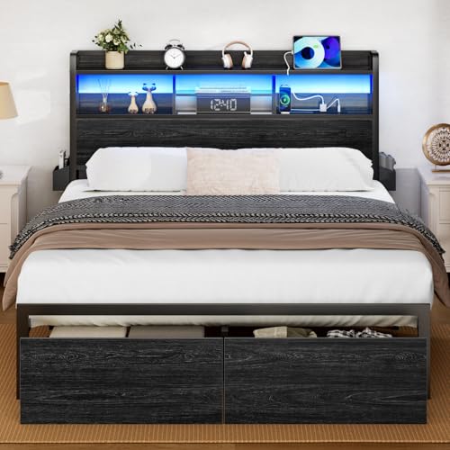 Black Full Size Metal Platform Bed Frame with Wood Headboard and Storage Drawers I772180
