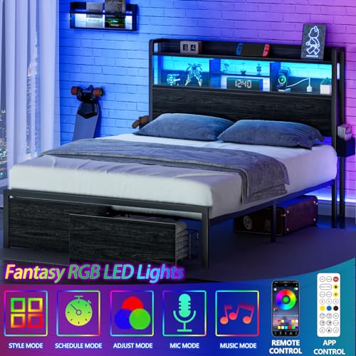 Black Full Size Metal Platform Bed Frame with Wood Headboard and Storage Drawers I772180