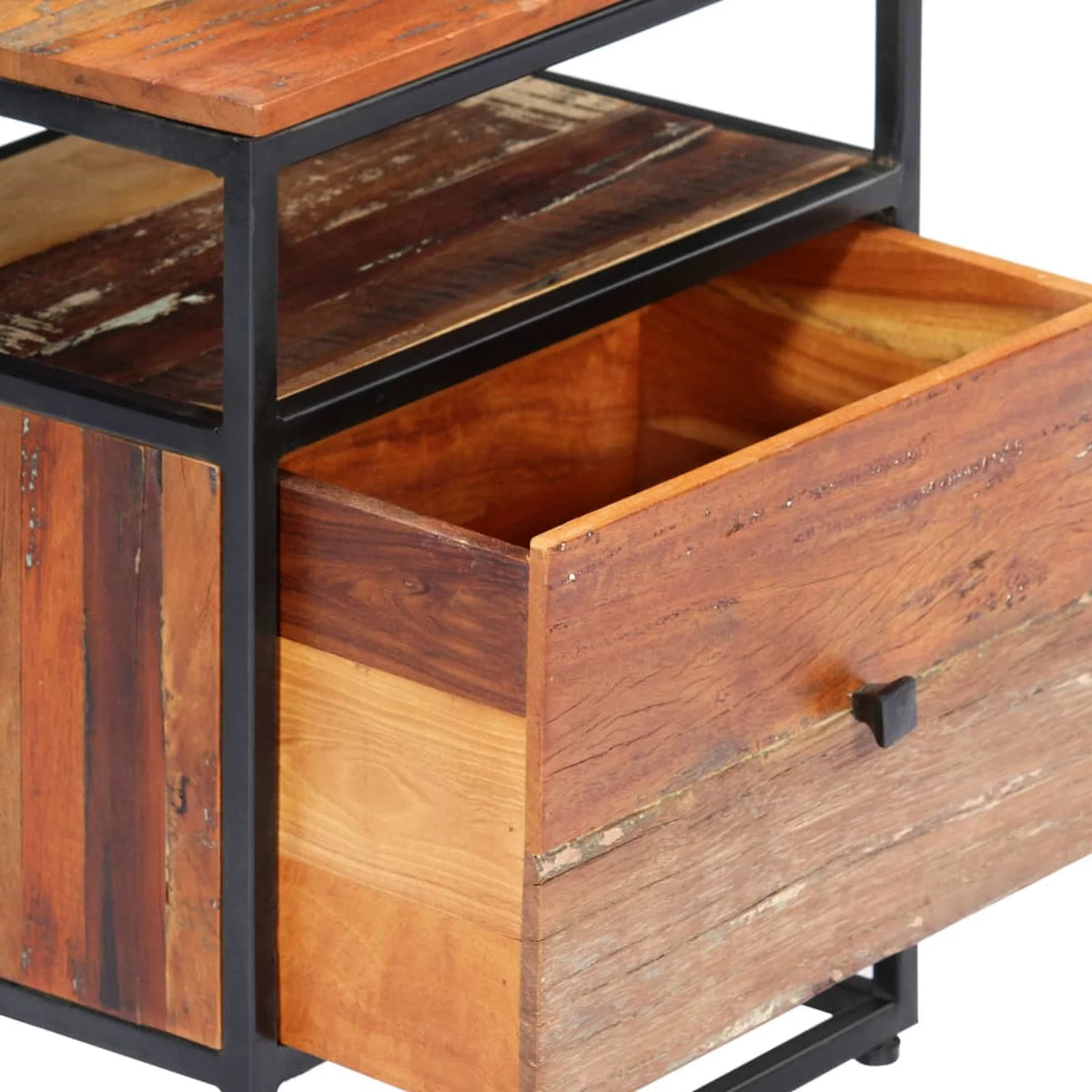 Reclaimed Wood Bedside Cabinet with Storage Drawer and Shelf Q590