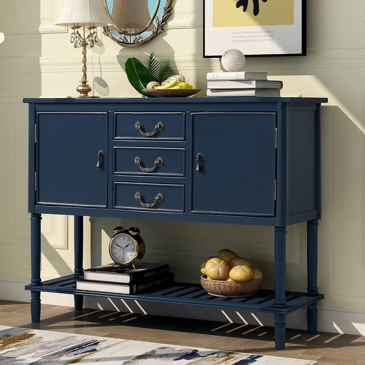 Navy Blue Wood Console Sofa Table with Drawers and Open Shelf B653072