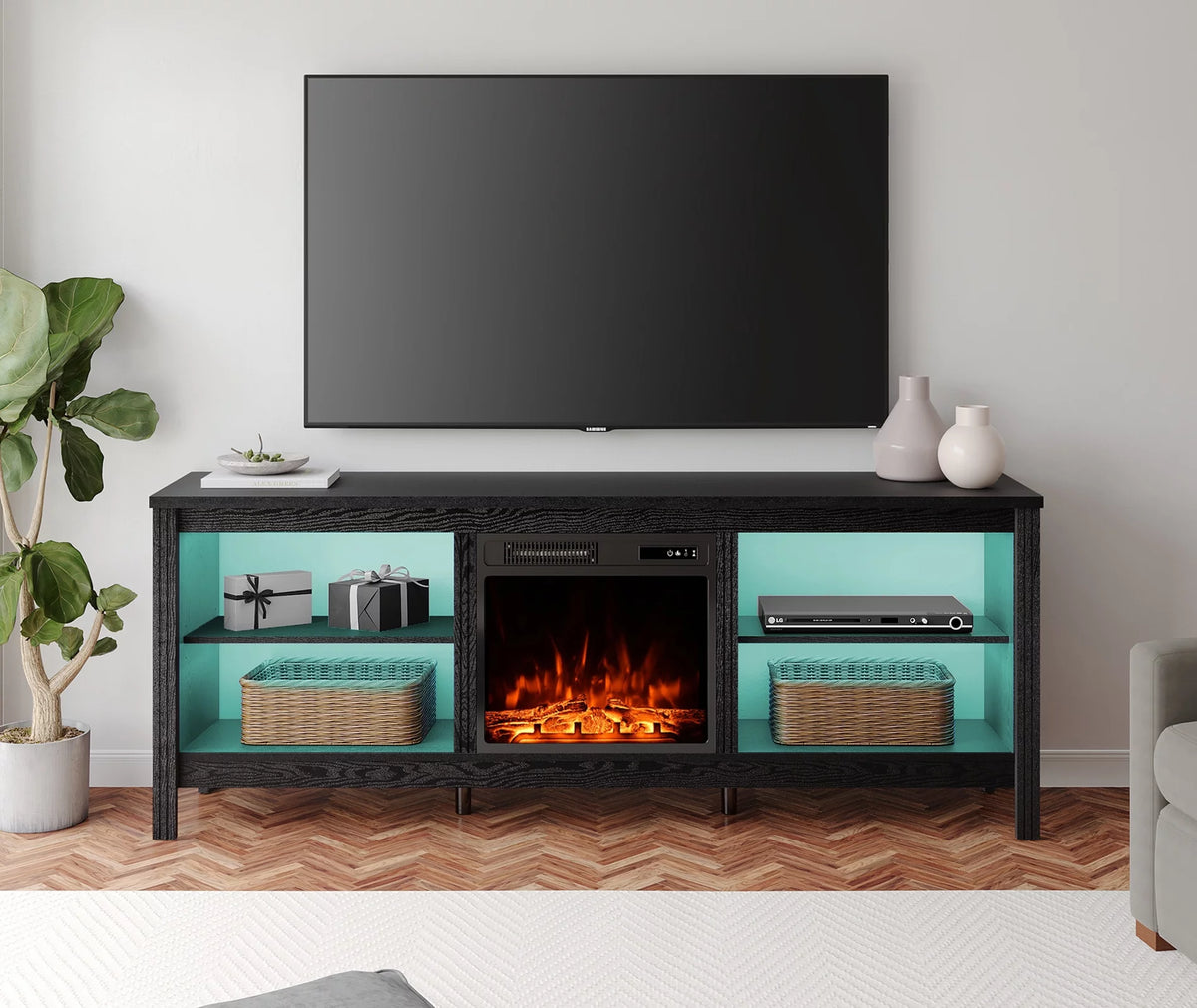 Black Fireplace TV Stand with LED Lights T42497