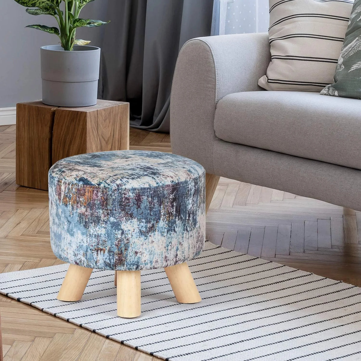 Round Linen Fabric Ottoman with Wooden Legs Q7290