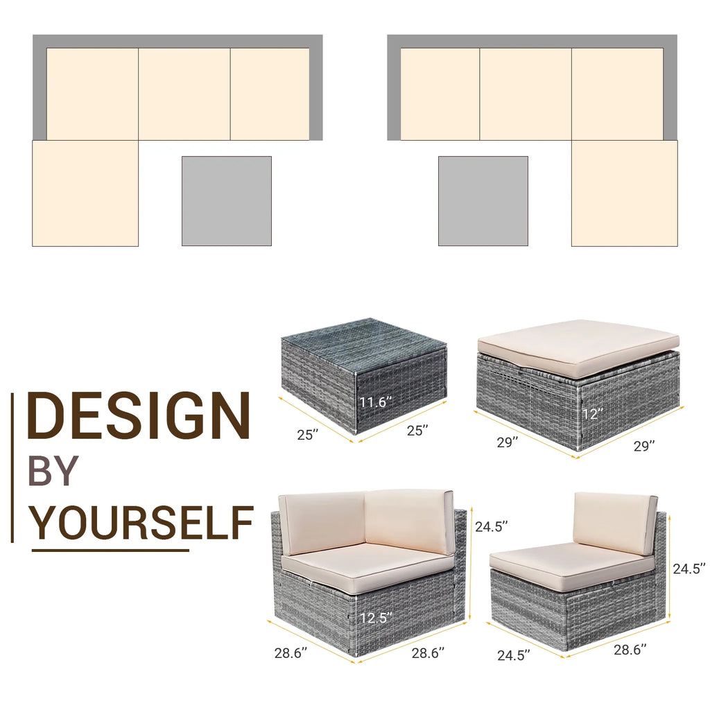 5 Pieces Beige Wicker Rattan Patio Sectional Sofa J39176