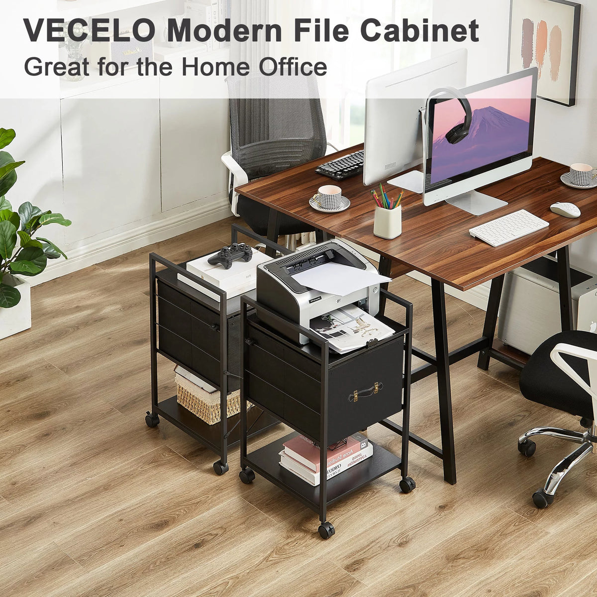Set of 2 Black Rolling File Cabinet with 1 Drawer and Shelf N2501