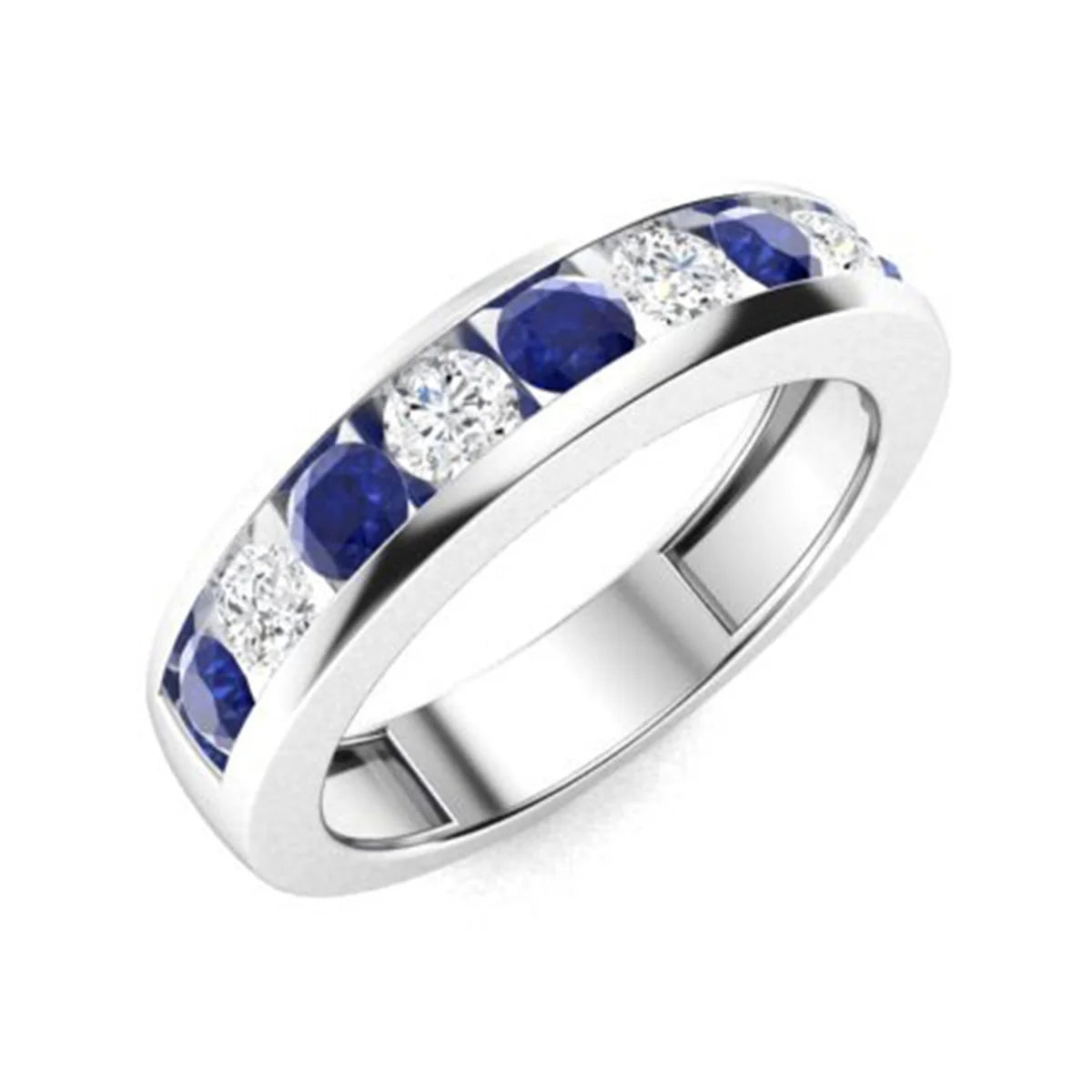 925 Sterling Silver 4 MM Blue Sapphire Half Eternity Wedding Band Ring F737